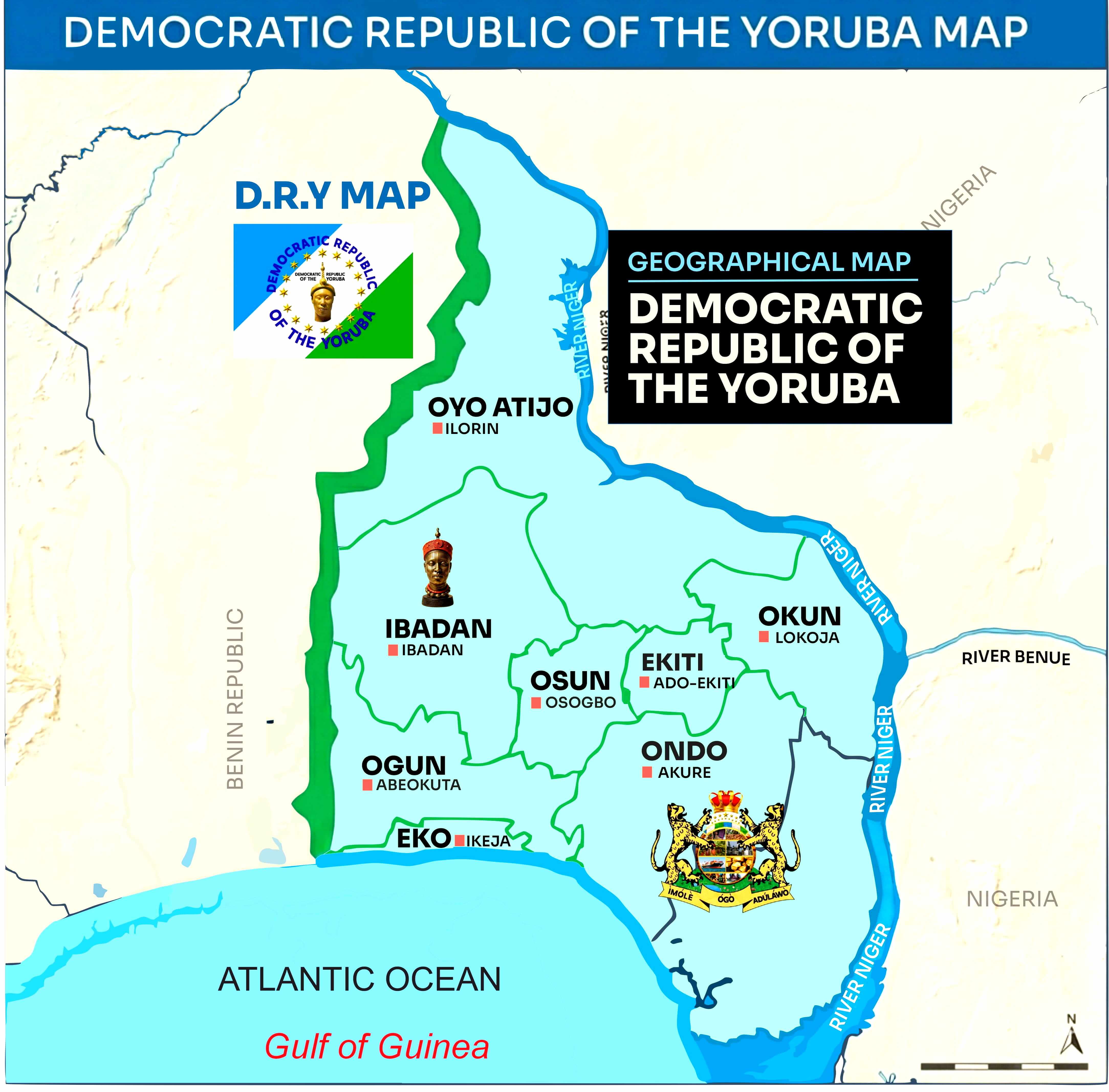 Democratic Republic of the Yoruba Map showing major districts like Ibadan, Oyo, Osun, Ekiti, and Eko along the Bight of Benin